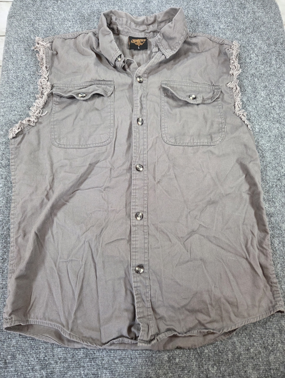 Milwaukee Performance Sleeveless Button Up Shirt Mens L Gray Frayed Cut Off Bike